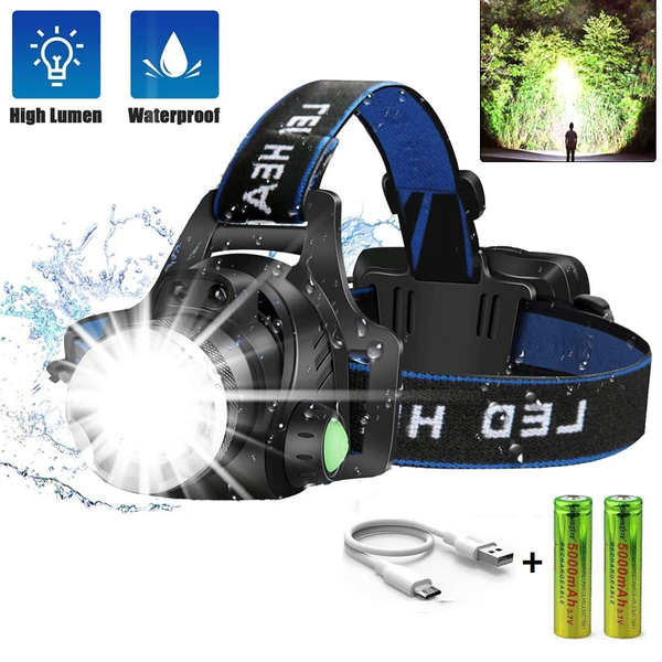 LED Headlamp USB Rechargeable Headlight Head Torch Outdoor Waterproof 25000LM